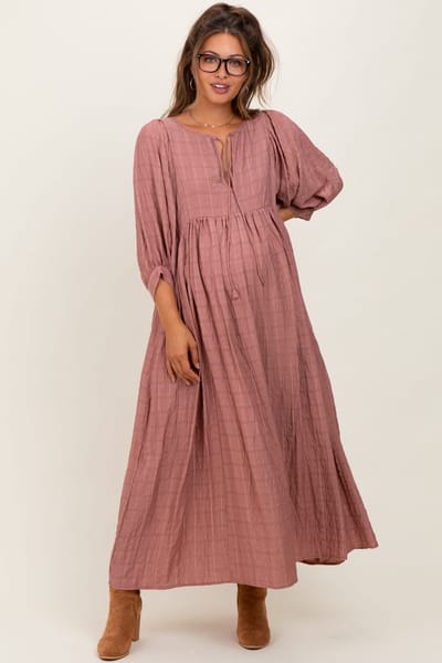 PinkBlush Mauve Plaid Front Tie Cutout Maternity Midi Dress
