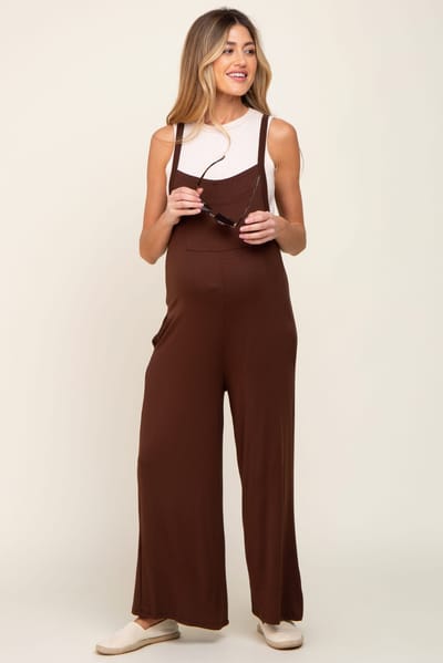 PinkBlush Brown Sleeveless Pocketed Wide Leg Maternity Jumpsuit