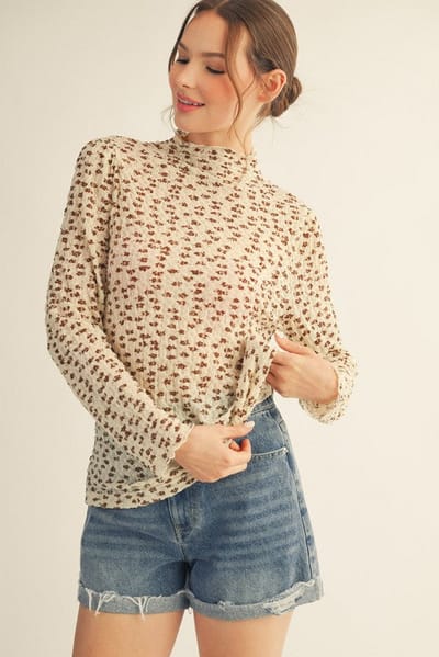 Jodifl Cream Floral Sheer Mock Neck Fitted Top