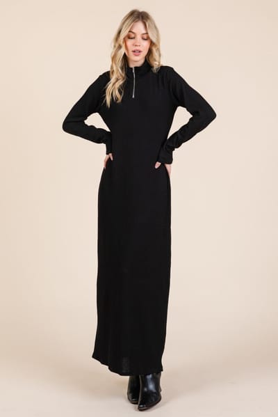 BomBom Black Textured Rib Quarter Zip Maxi Dress