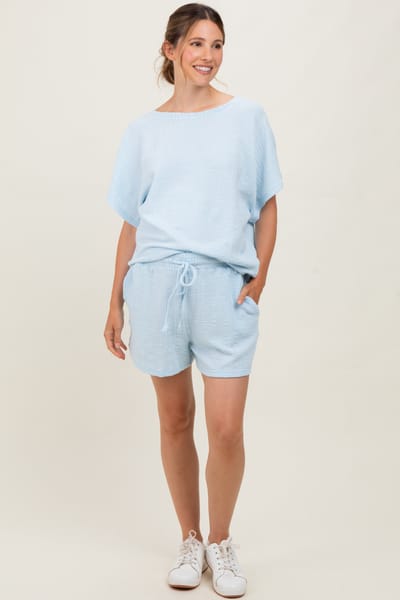 AnnieWear Light Blue Textured Knit Dolman Sleeve Top Shorts Maternity Set
