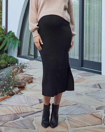 Angel Maternity Jade Knitted  Maternity Maxi Skirt with Side Split in Black