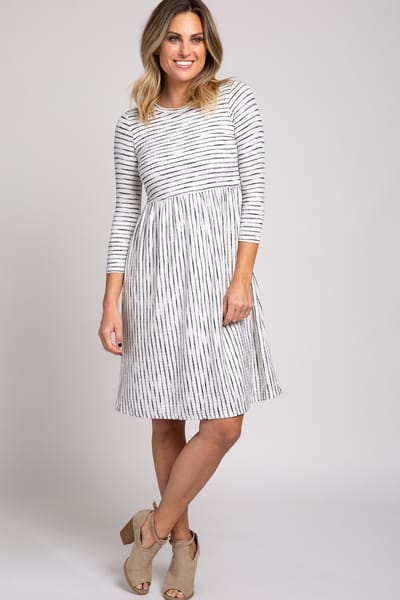 Flamingo Ivory Ribbed Striped Pleated Midi Dress