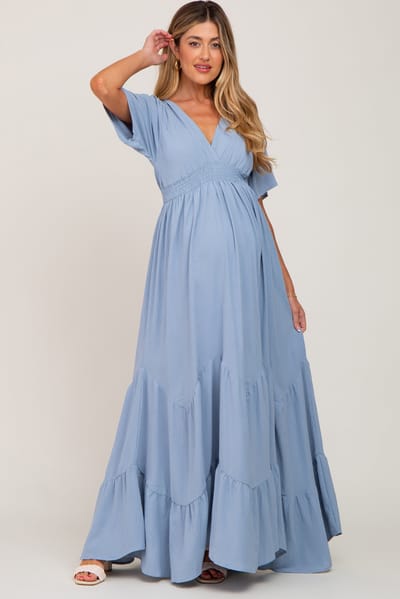PinkBlush Light Blue Deep V-Neck Maternity Maxi Dress
