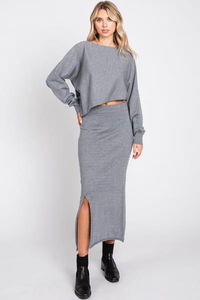 Mimosa Grey Knit Long Sleeve Crop Top Midi Skirt Set