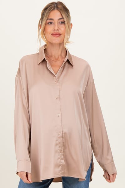 PinkBlush Taupe Long Sleeve Oversized Satin Maternity Shirt