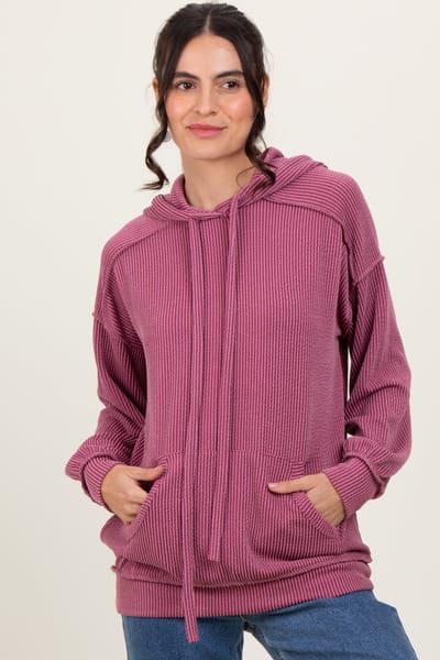 7th Ray Mauve Ribbed Front Pocket Drawstring Hoodie
