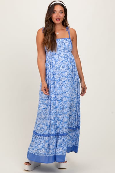 In Loom Blue Floral Shoulder Tie Maternity Maxi Dress