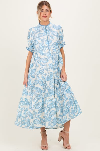 Umgee Light Blue Paisley Print Tiered Maternity Midi Dress