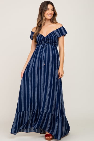 Dress Day Navy Blue Striped Off Shoulder Front Tie Maternity Maxi Dress