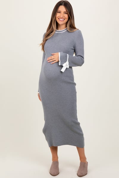 ABLE Grey Knit Bow Detail Sleeve Maternity Midi Sweater Dress