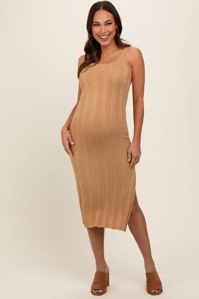 PinkBlush Taupe Rib Knit Side Slit Maternity Maxi Dress