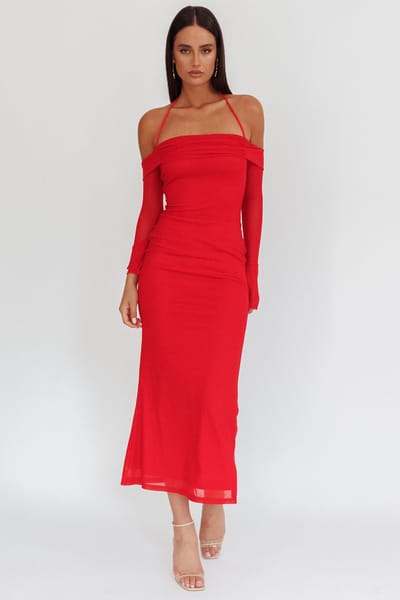 One and Only Collective Inc Red Halter Off Shoulder Mesh Maxi Dress