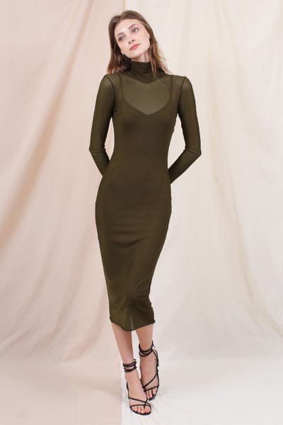 Fore Collection Olive Mesh Overlay Fitted Midi Dress