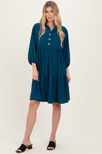 Rhea + Thea Dark Teal Long Sleeve Button Down Collared Tiered Dress