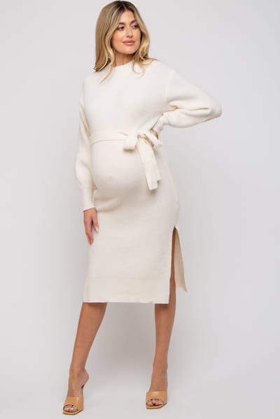 PinkBlush Ivory Side Slit Maternity Sweater Midi Dress