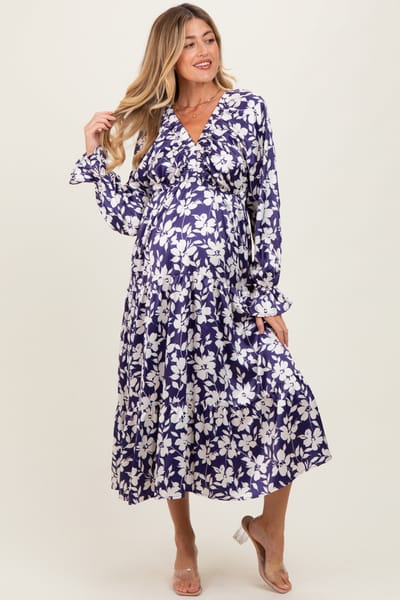PinkBlush Navy Floral Tiered Ruched V-Neck Satin Maternity Maxi Dress