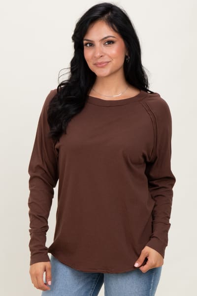 Zenana Outfitters Brown Exposed Seam Long Sleeve Top