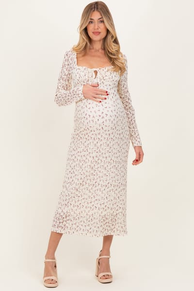 BaeVely Cream Floral Sweetheart Neckline Long Sleeve Maternity Maxi Dress