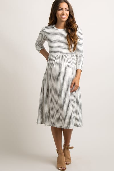 PinkBlush Ivory Ribbed Striped Maternity Midi Dress