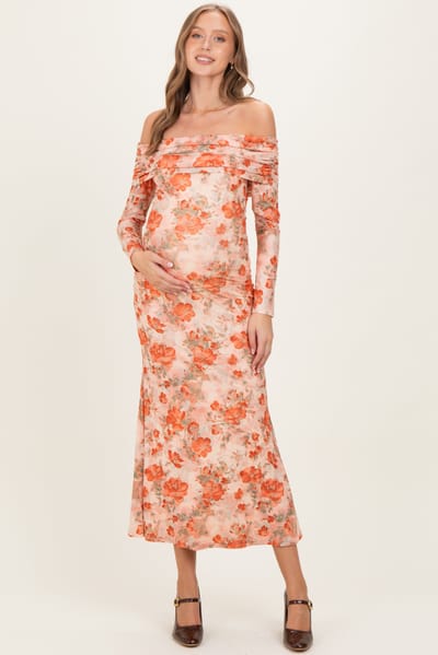 Sweet Generis Light Pink Rose Floral Off Shoulder Maternity Maxi Dress