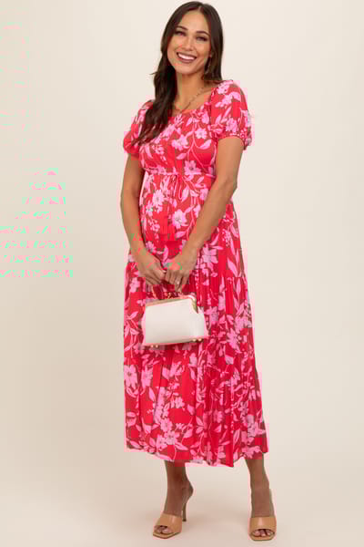 PinkBlush Coral Floral Off Shoulder Puff Sleeve Maternity Midi Dress