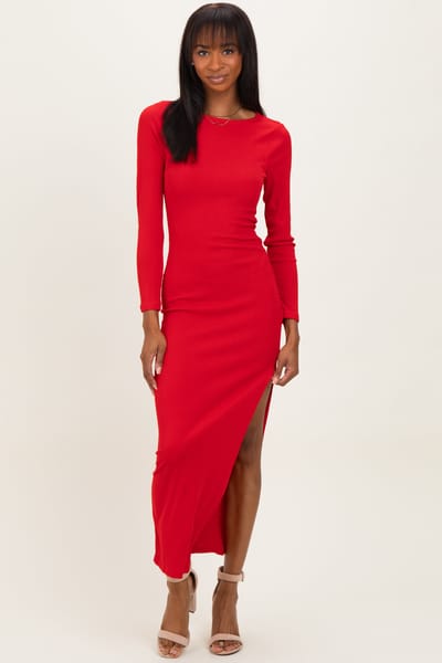 Shop Iris Basic Red Ribbed Long Sleeve Side Slit Maxi Dress