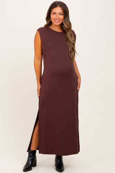 PinkBlush Brown Sleeveless Side Slit Maternity Midi Dress