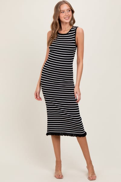 So Me Black Striped Knit Sleeveless Ruffle Hem Midi Dress