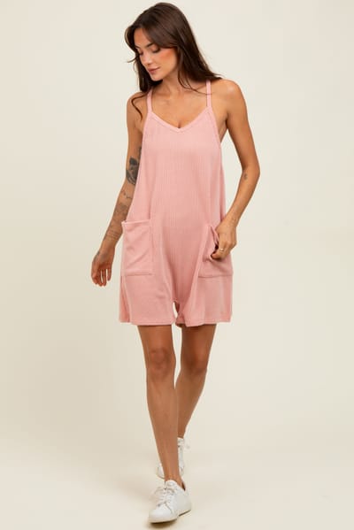 Rhea + Thea Mauve Solid Ribbed V-Neck Sleeveless Front Pocket Romper