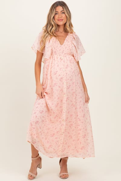 Rhea + Thea Light Pink Floral Chiffon Short Sleeve V-Neck Smocked Top Maternity Maxi Dress