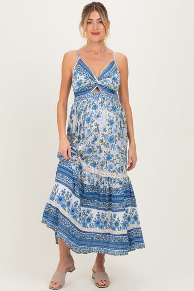 Angie Blue Floral Twist Cutout Maternity Maxi Dress