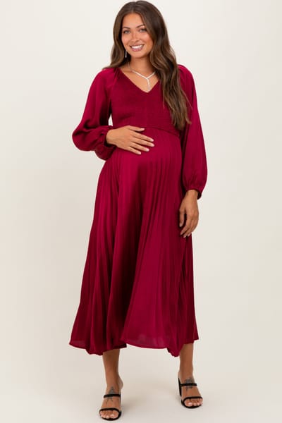 Dress Day Burgundy Satin Smocked Pleated Maternity Midi Dress
