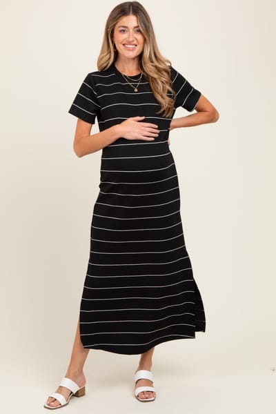 Rae Mode Black Striped Short Sleeve Side Slit Maternity Midi Dress