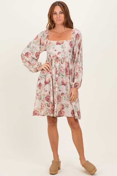 Kori America Cream Rose Floral Long Sleeve Dress
