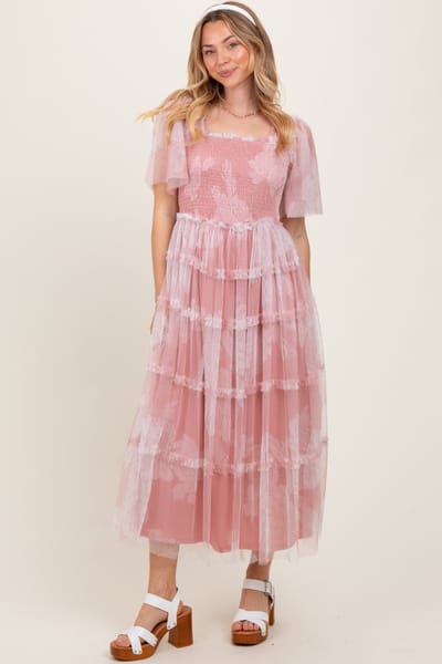 Dress Day Pink Smocked Top Mesh Ruffled Midi Dress