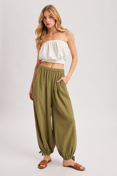 Bluivy Olive Cotton Gauze Tie Hem Pants