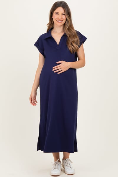 Jodifl Navy Collared Oversized Maternity Midi Dress