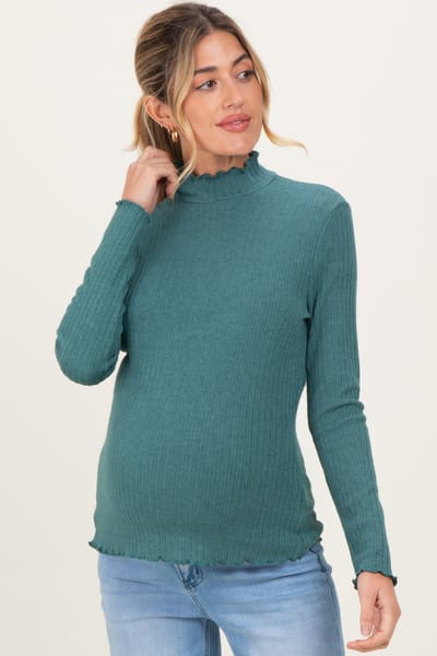 Staccato Jade Ribbed Mock Neck Ruffle Hem Maternity Long Sleeve Top