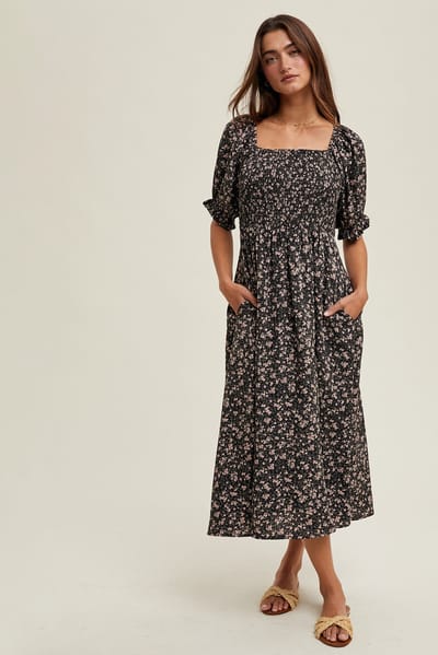 Wishlist Black Floral Smocked Puff Sleeve Midi Dress