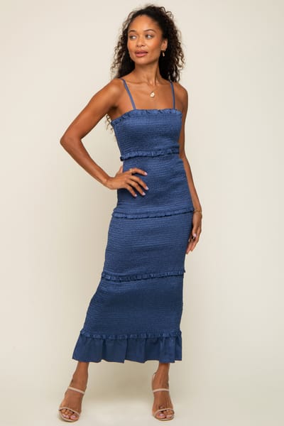 Mable Blue Satin Smocked Fitted Maxi Dress