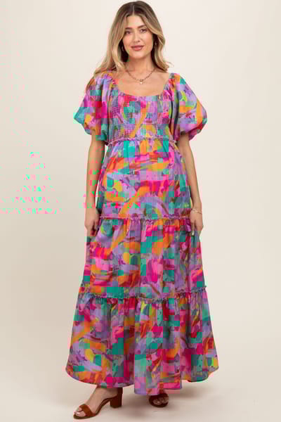PinkBlush Lavender Multi Color Floral Puff Sleeve Maternity Maxi Dress