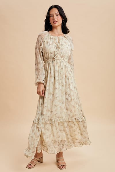 In Loom Cream Floral Chiffon Ruffle Detail Maxi Dress