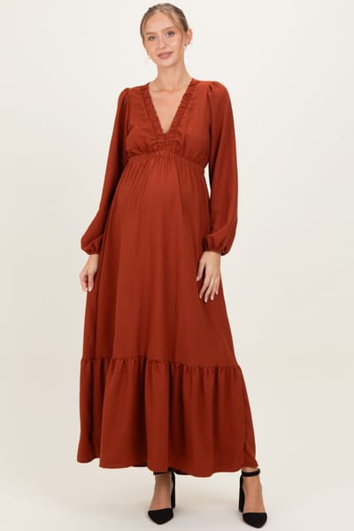 Rhea + Thea Rust Long Sleeve V-Neck Tiered Maternity Maxi Dress