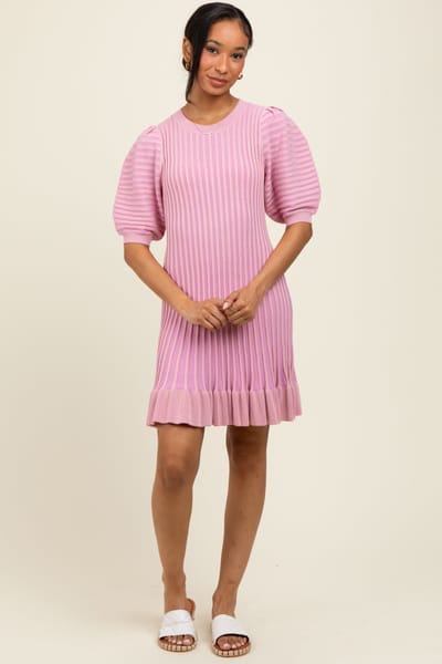 ABLE Pink Ribbed Knit Puff Sleeve Ruffle Hem Mini Dress