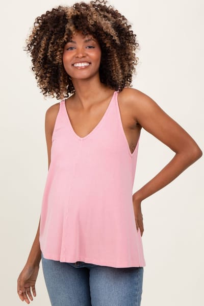 PinkBlush Light Pink Ribbed V-Neck Flowy Maternity Tank