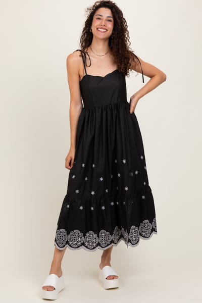 Entro Black Embroidered Shoulder Tie Midi Dress