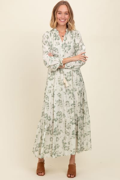 Polagram Olive Floral Button Front Tiered Long Sleeve Maxi Dress