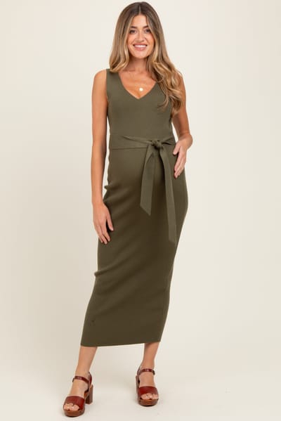 Hello Miz Olive Sleeveless Ribbed Belted Midi Maternity Dress
