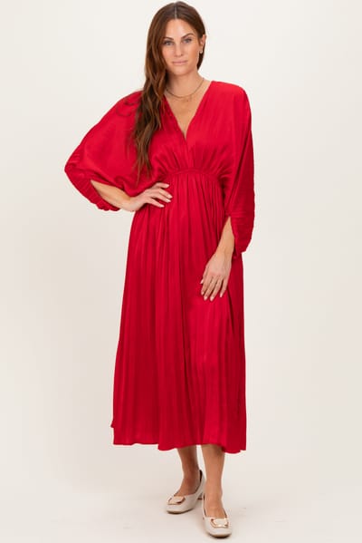Dress Day Red Satin Pleated V-Neck Maxi Dress